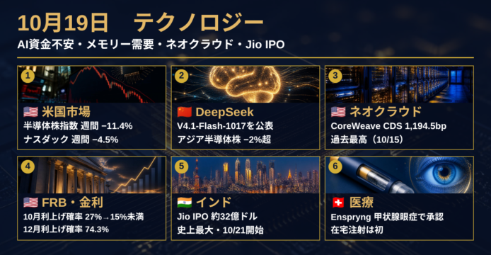 10月19日　テクノロジー｜半導体株急落とDeepSeek更新、ネオクラウド資金不安、Jio巨額IPO