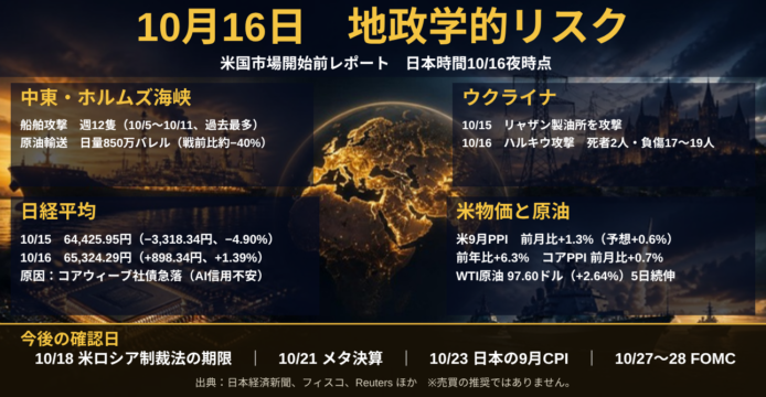 10月16日　地政学的リスク｜米PPI+1.3%と日経平均歴代3位の下げ、ホルムズ海峡で船舶攻撃が週12隻