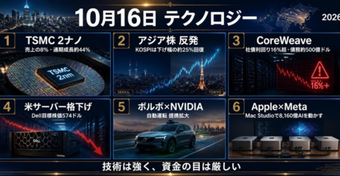 10月16日　テクノロジー｜TSMC 2ナノ売上8%・CoreWeave社債16%超・Dell目標株価は前日比0.3%高